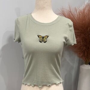 Heart Hips Light Green Butterfly Embroidered Tee